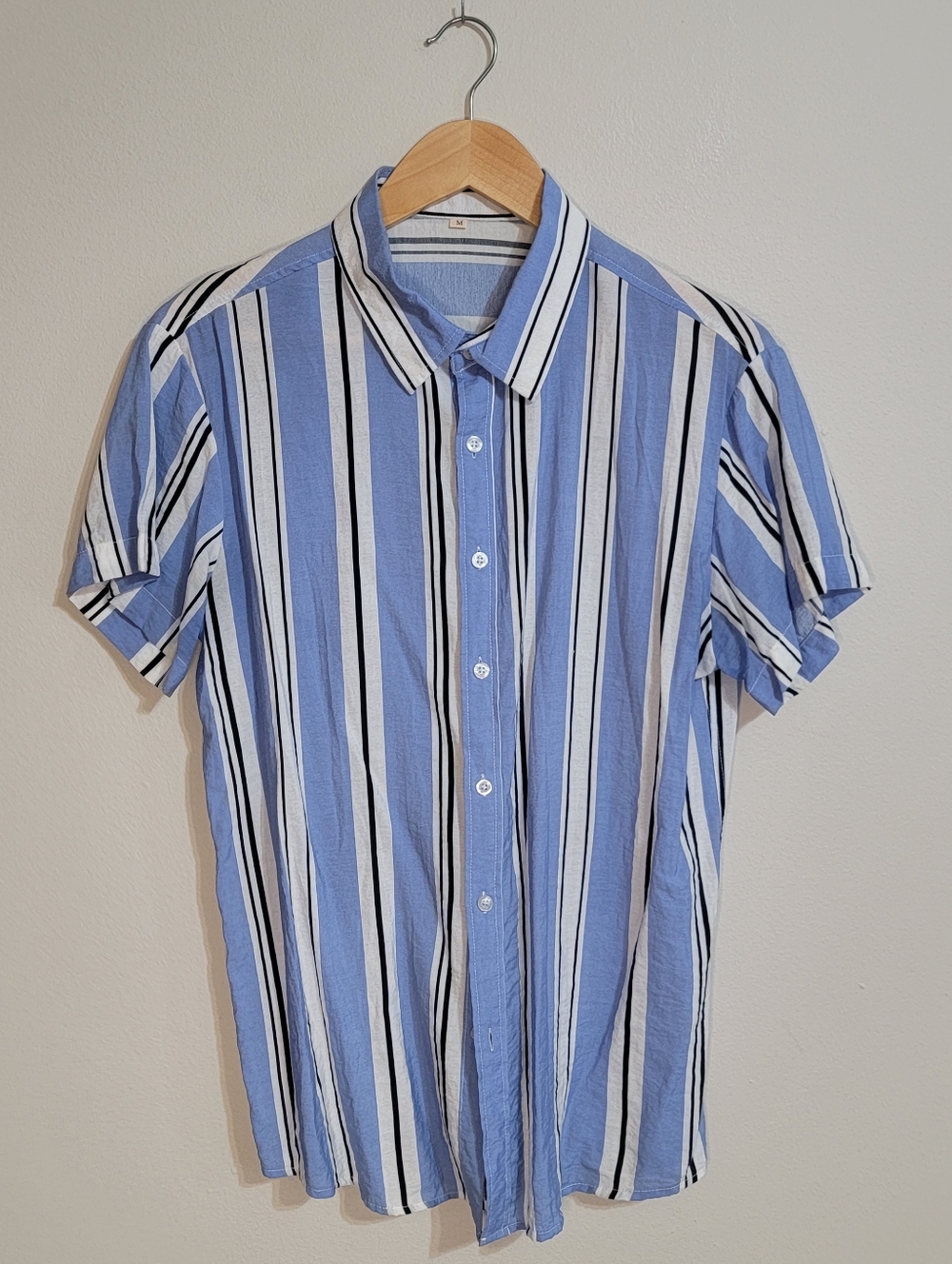 Blue and White Vertical Stripe Short-Sleeve Button Shirt